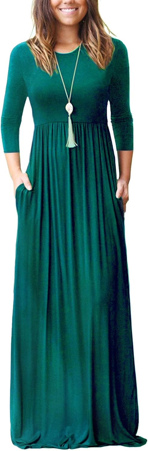 WNEEDU Maxikleid für Damen 3/4 Ärmel Kleid Damen Lang Herbst Winterkleid Lässige Langkleider Maxi El