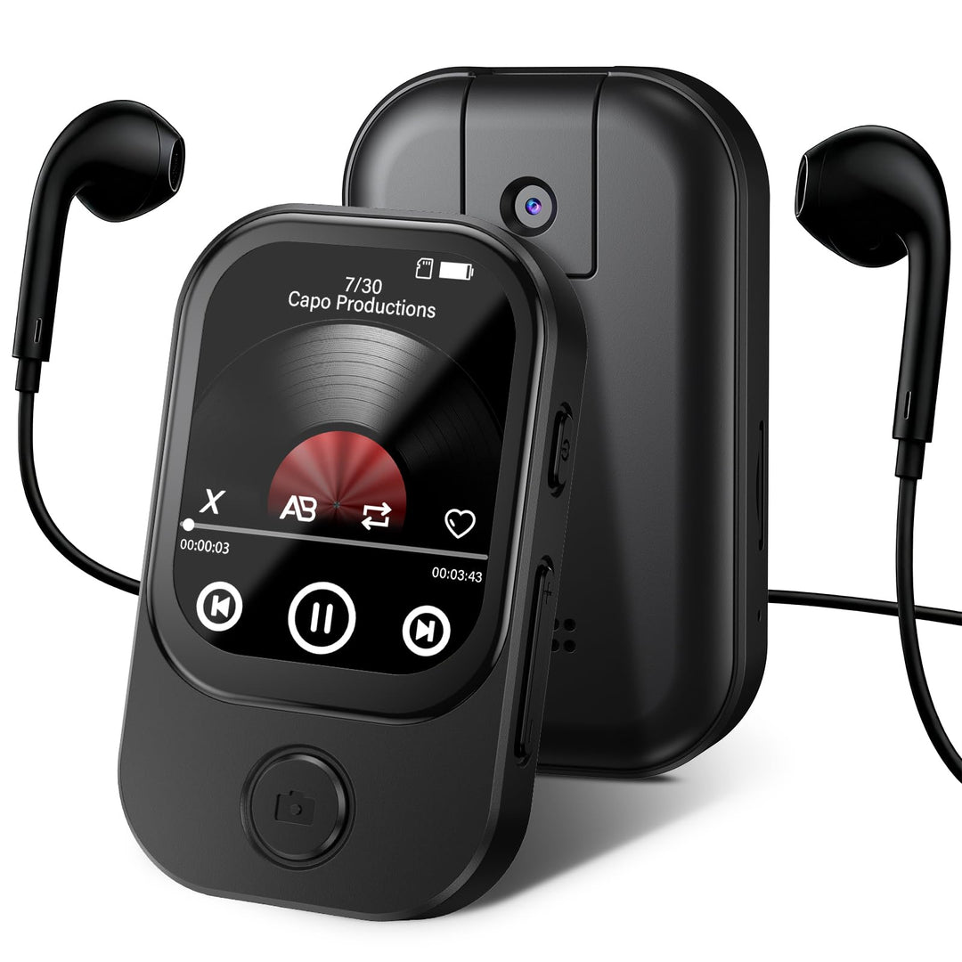 64GB MP3 Player Bluetooth mit 180° Aufklappbar Kamera, Mini Musik Player HD Lautsprecher FM Radio Fo