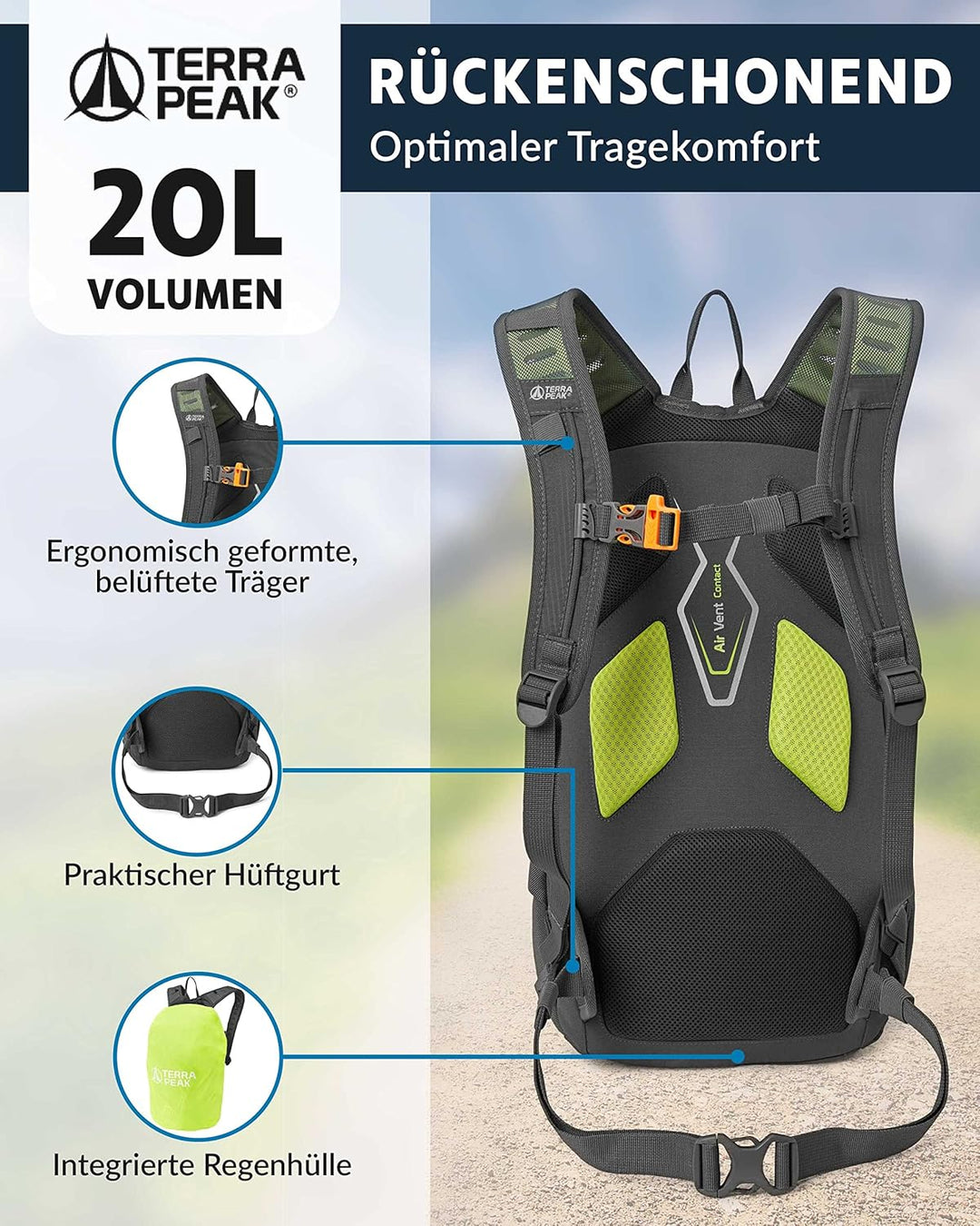 Terra Peak® Premium Wanderrucksack 20L (ACTIVE 20) Damen & Herren klein - Trekkingrucksack ergonomis