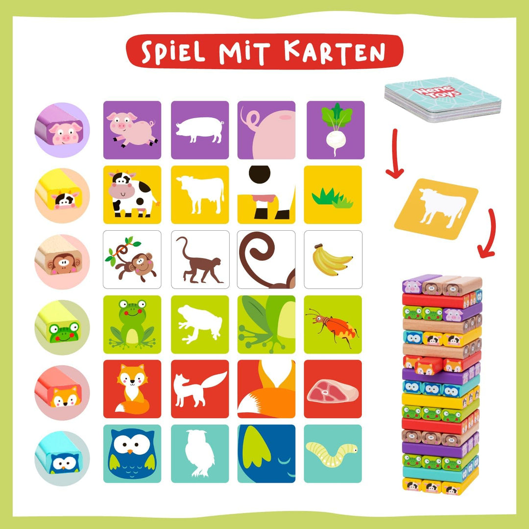 Nene Toys Wackelturm 4 in 1 aus Holz mit Farben und Tieren - Pädagogisches Kinderspiel ab 3 Jahre -