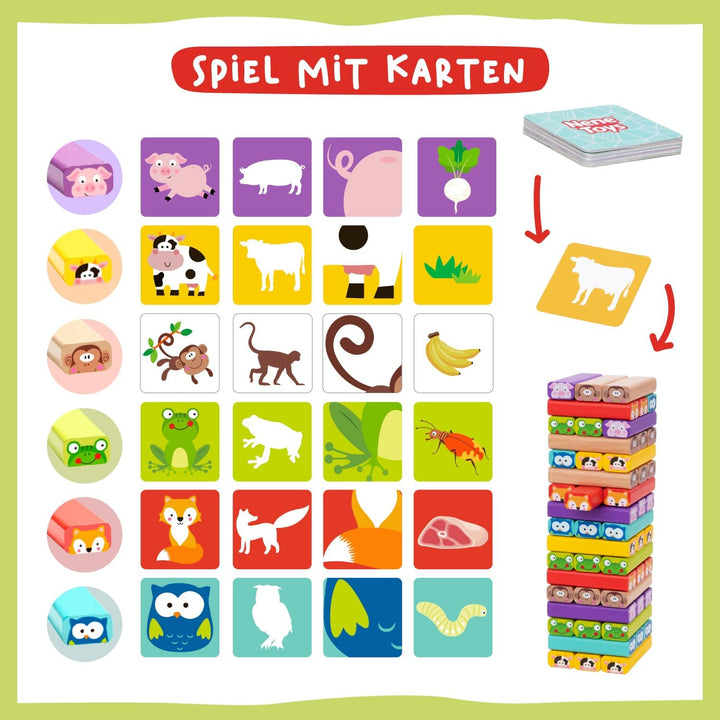 Nene Toys Wackelturm 4 in 1 aus Holz mit Farben und Tieren - Pädagogisches Kinderspiel ab 3 Jahre -