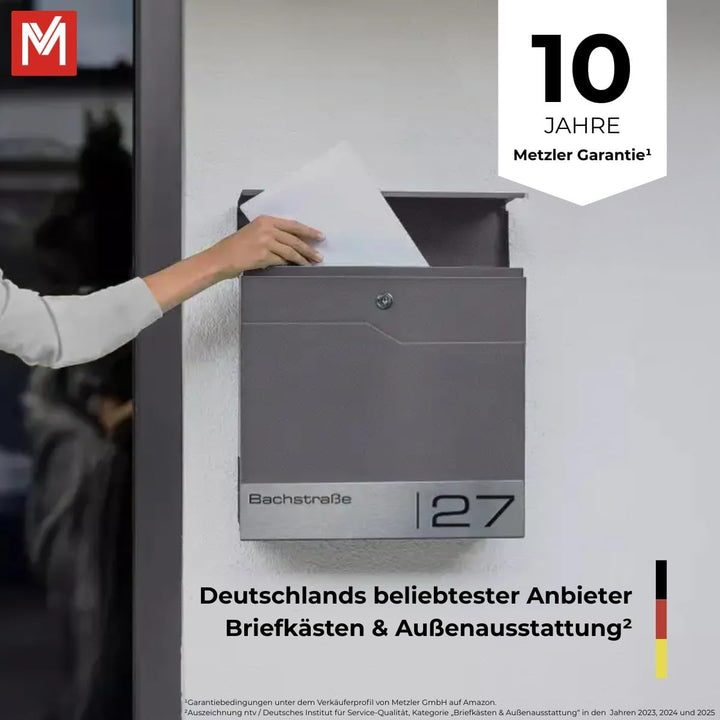 Metzler moderner Briefkasten DB703 Eisenglimmer personalisiert mit Edelstahl-Namensschild, modern, a