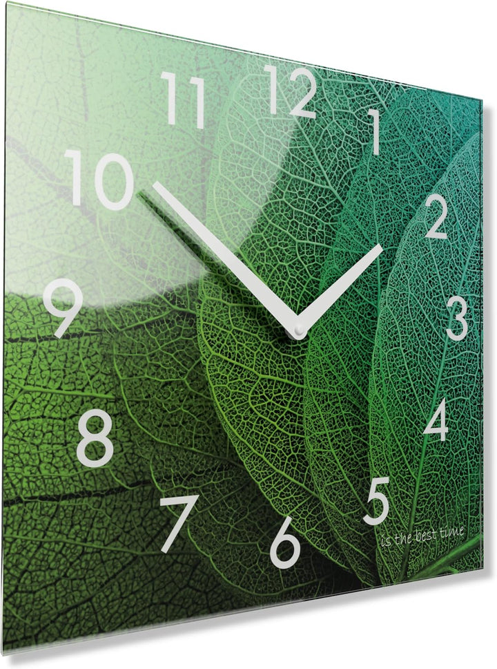 FLEXISTYLE Wanduhr küche Wohnzimmer 30 x 30 cm, aus Glas, mit Direktdruck eckig modern (GRÜNE BLÄTTE