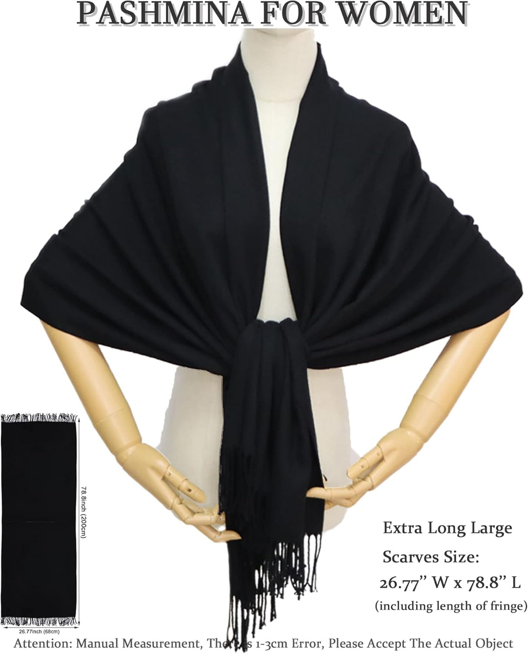 Pashmina Schals und Wraps Schals für Damen Hochzeit Party Winter Warme Lange Solid Color Schwarz, Sc