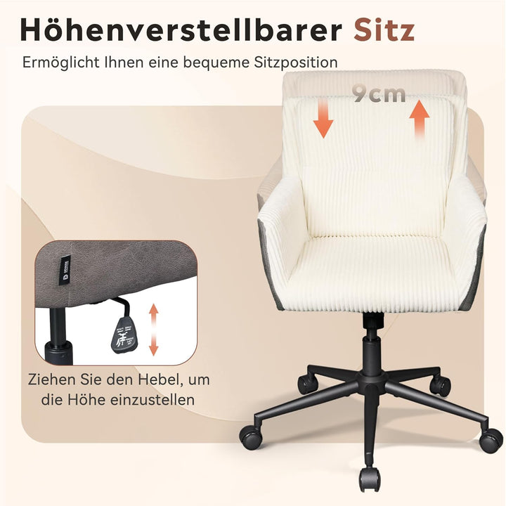DEVAISE Homeoffice Stuhl Cord Stoff, Ergonomischer Schminktischstuhl mit Kissen, höhenverstellbar, N