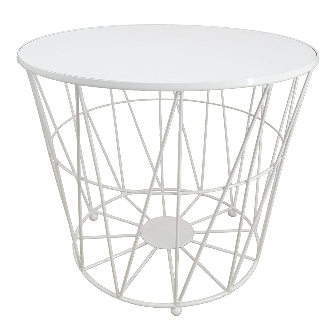 PrimoLiving Design Beistelltisch Weiss mit Deckel - Metall Drahtkorb mit Holzdeckel "Diagonal" P-840