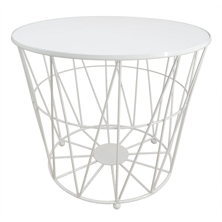 PrimoLiving Design Beistelltisch Weiss mit Deckel - Metall Drahtkorb mit Holzdeckel "Diagonal" P-840