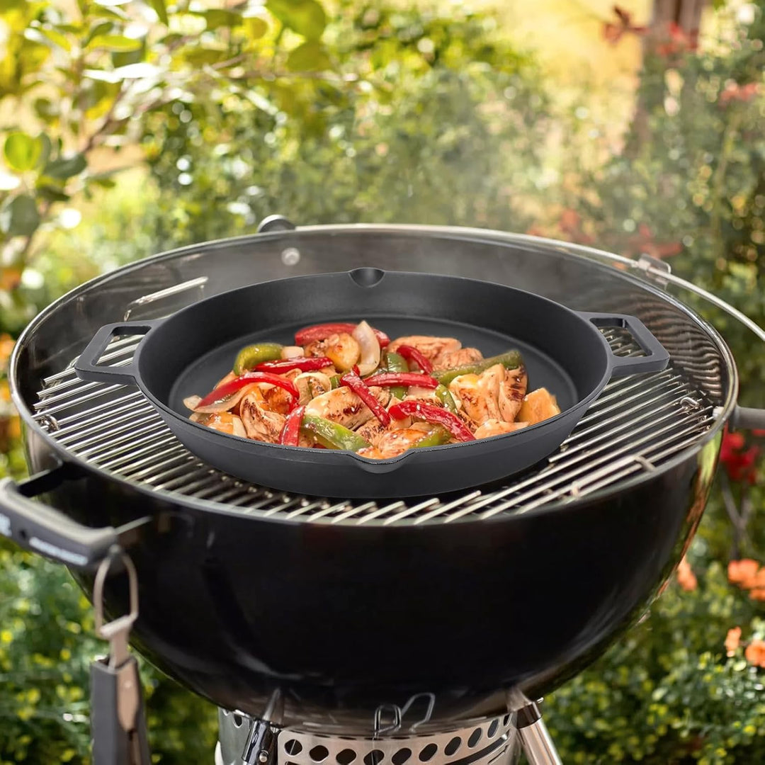 Denmay Ø 40cm Universal Gusseisen Grillpfanne, gross rund Gusspfanne mit zwei Griffe und zwei Ausgie