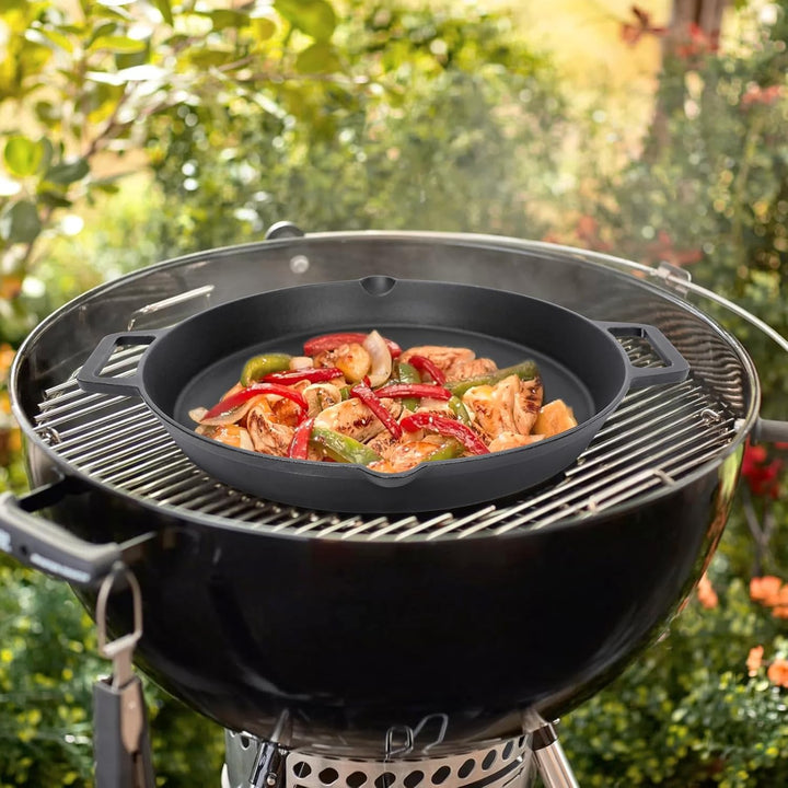 Denmay Ø 40cm Universal Gusseisen Grillpfanne, gross rund Gusspfanne mit zwei Griffe und zwei Ausgie
