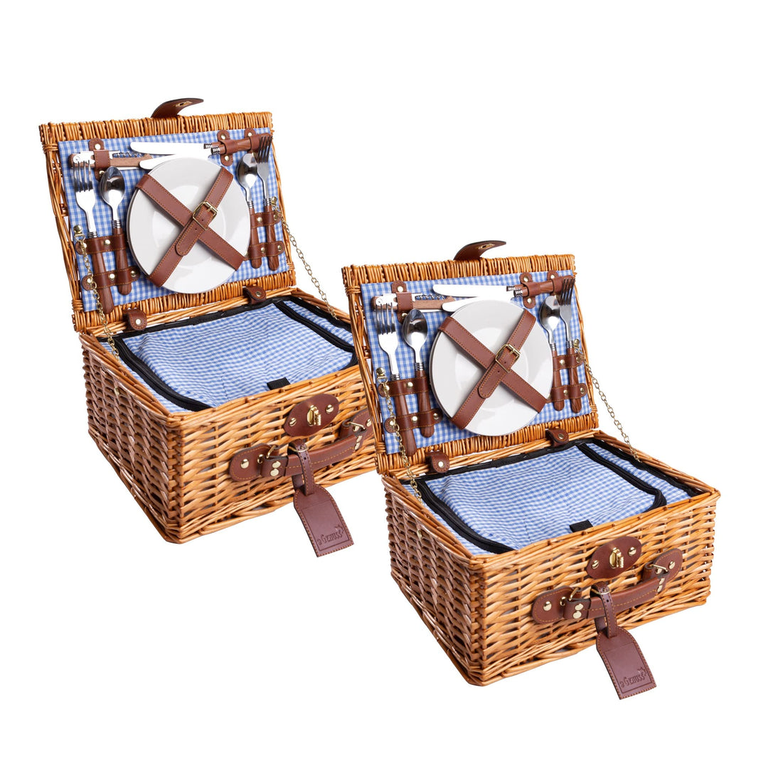 2 Handgefertigte Picknickkörbe für 2 Personen mit Kühlfach, Multifunktionsmesser, Edelstahlbesteck,