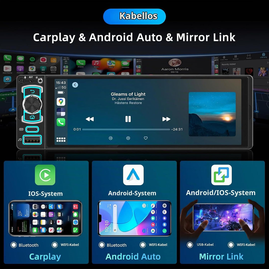 1 DIN Bluetooth Autoradio mit Bildschirm, Single DIN Auto Radio mit Wireless Apple CarPlay Android A
