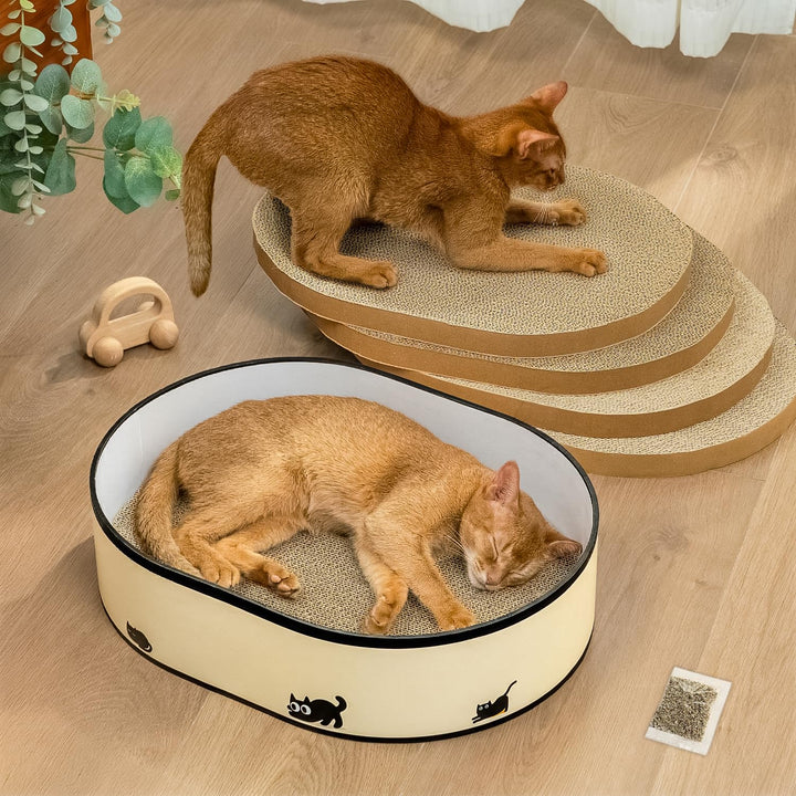 Kratzbrett für Katzen mit Box & 4 ersetzbaren Kratzpappe - Gross Kratzmöbel aus robustester Wellpapp