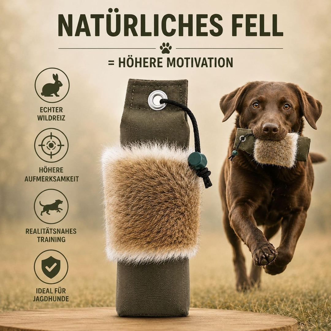 Firedog Dummy mit echtem Kaninchenfell - Robustes Wild-Apportel mit 250g Gewicht (auch für Welpen ge