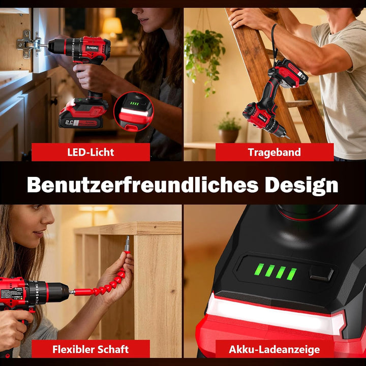 Sundpey 21V Akkuschrauber Set - Max. 70Nm Bürstenlos Akkubohrer und Schrauber mit 2 x 2.0Ah Akku, 23