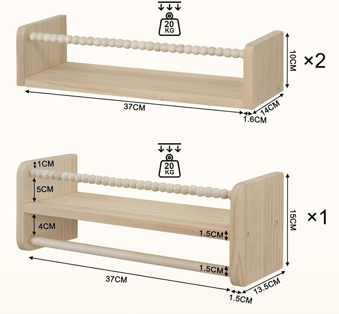WOLTU 3er Set Kinder Bücherregal Wand, 40cm Wandregal Kinderzimmer, aus Massivholz, Hängeregal Schwe