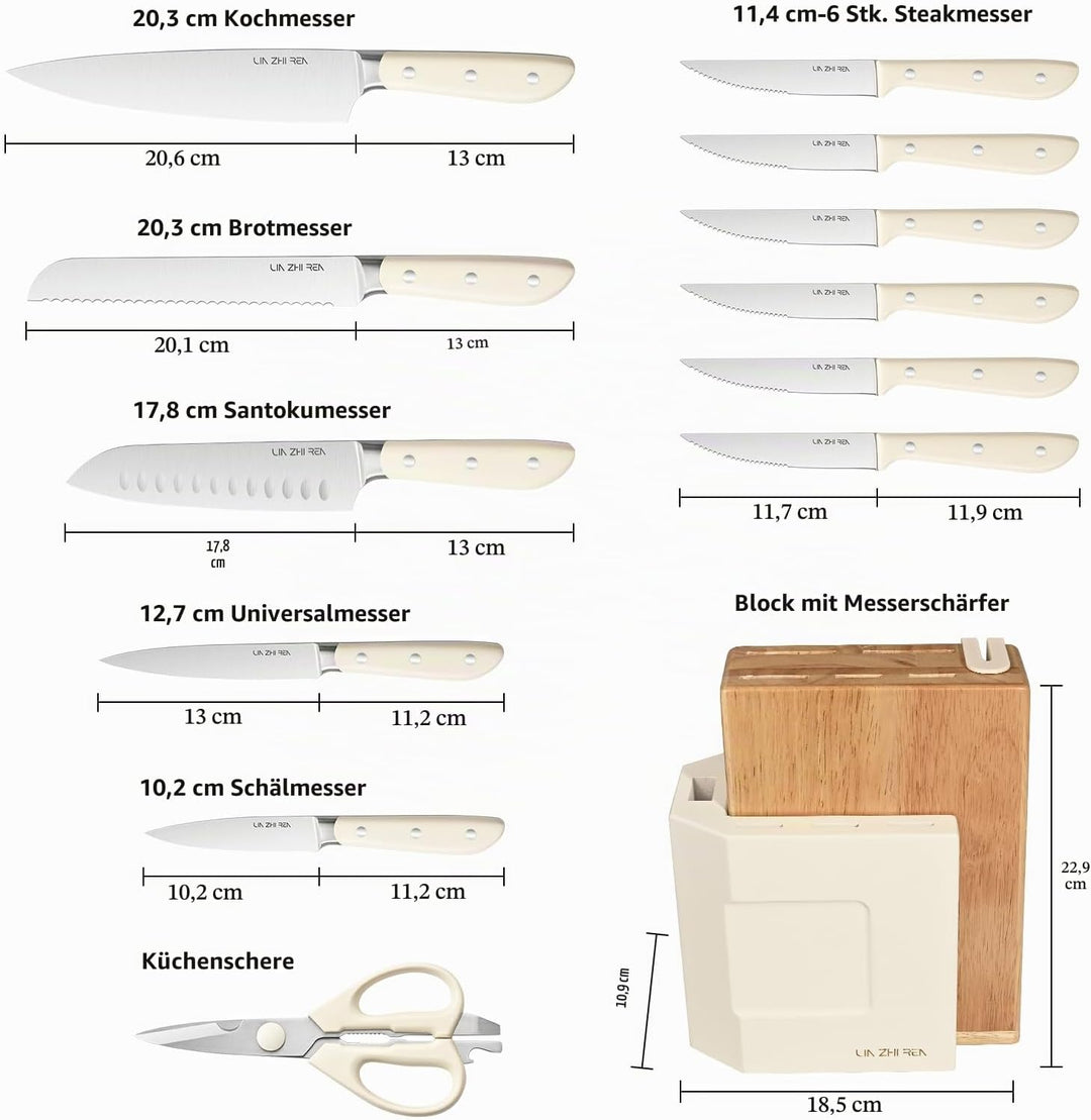 Messerblock Set, 14-teilig, Küchenmesser zum Schneiden, Hacken, Würfeln &amp; Schälen, Weiss 14 Stück We