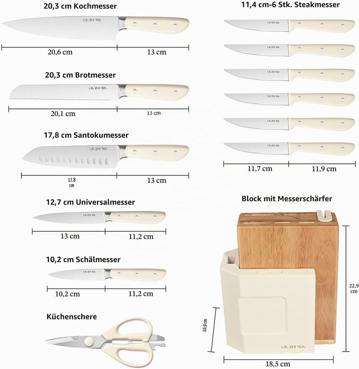 Messerblock Set, 14-teilig, Küchenmesser zum Schneiden, Hacken, Würfeln &amp; Schälen, Weiss 14 Stück We