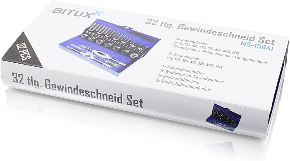 BITUXX® 32tlg Gewindeschneid Set Satz M3-M12 Gewindeschneider Gewindebohrer Set Schneideisen M3 M4 M