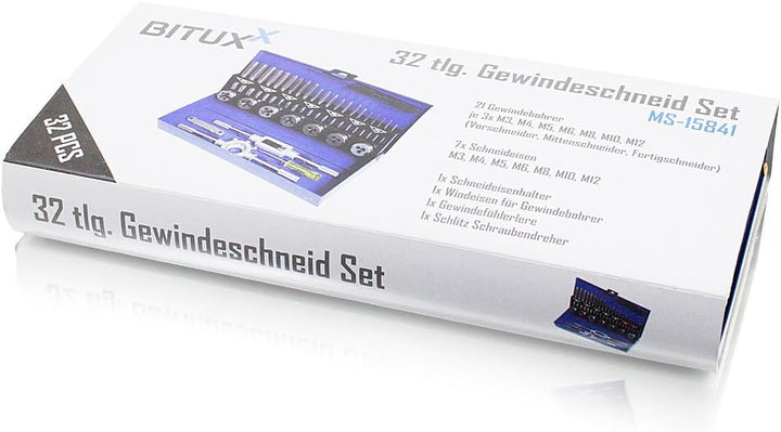 BITUXX® 32tlg Gewindeschneid Set Satz M3-M12 Gewindeschneider Gewindebohrer Set Schneideisen M3 M4 M