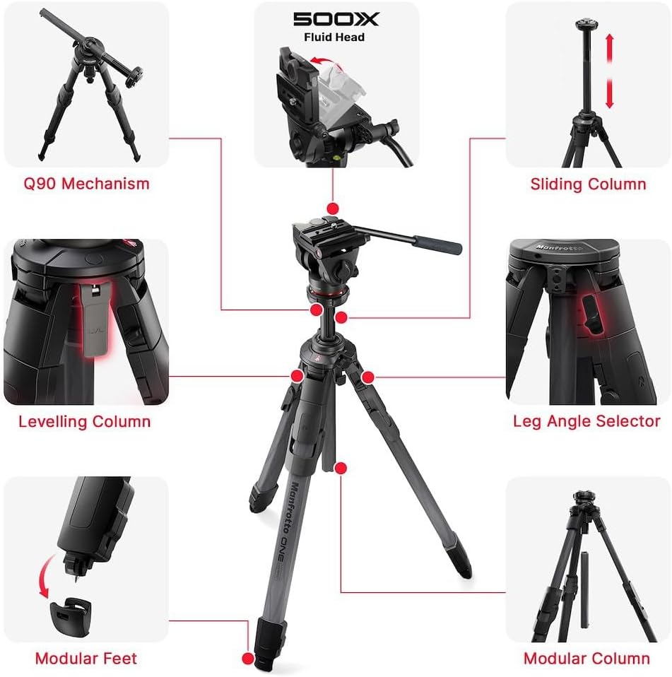 Manfrotto 500X Fluid Videokopf mit ONE Hybrid Carbon Stativ – Foto & Video Stativ Kit, 5kg Traglast,