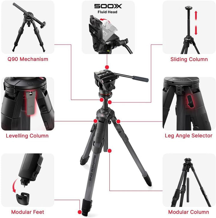 Manfrotto 500X Fluid Videokopf mit ONE Hybrid Carbon Stativ – Foto & Video Stativ Kit, 5kg Traglast,