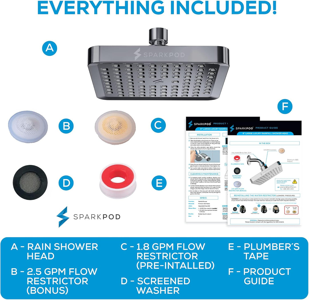 SparkPod Fixed Shower Head - High Pressure Rain - Luxury Modern Look - Easy Tool Free Installation -