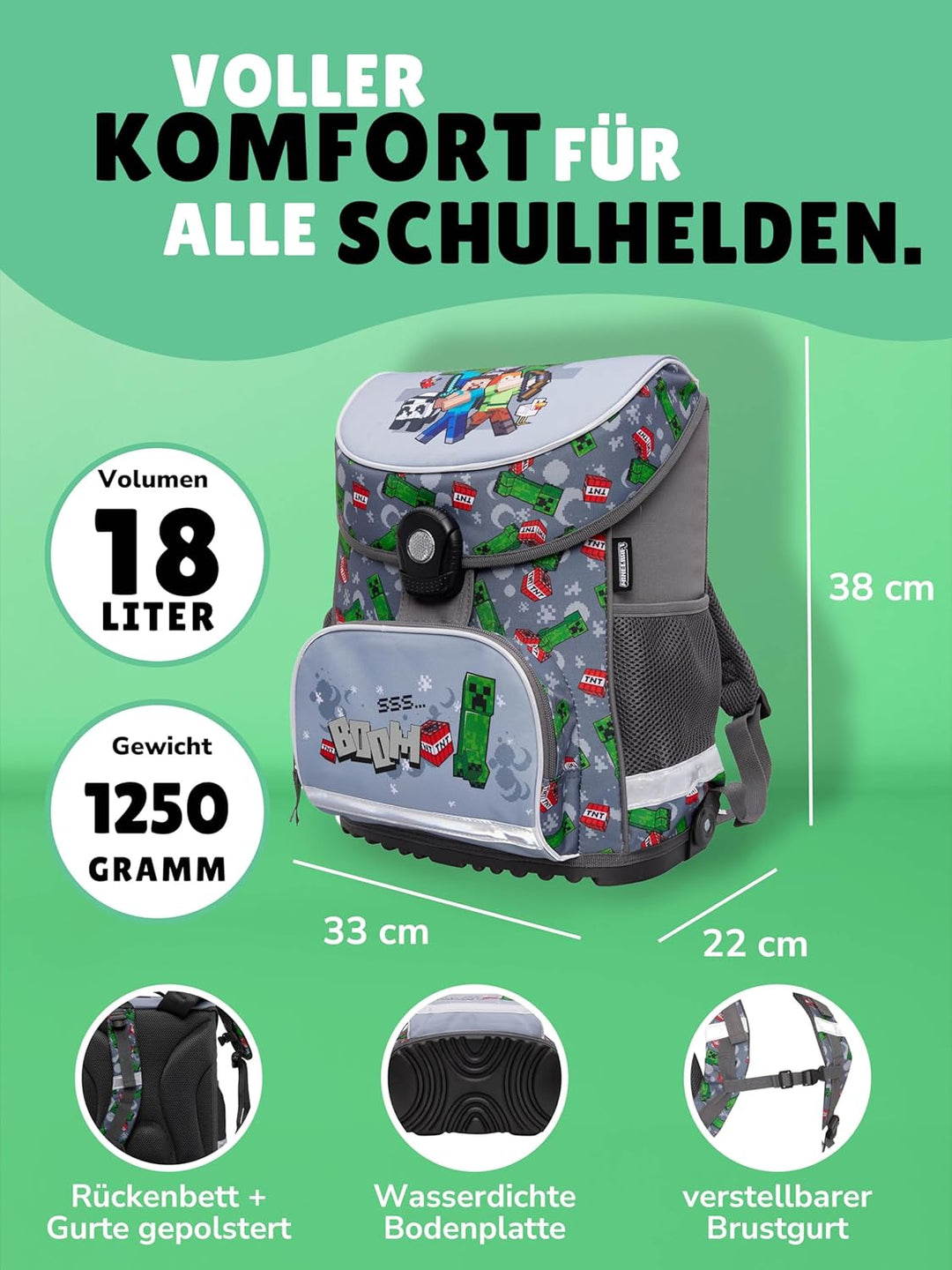 Familando - Schulranzen Set 6-teilig mit Federmappe - Minecraft - Ergonomisch, stabil & mit gepolste