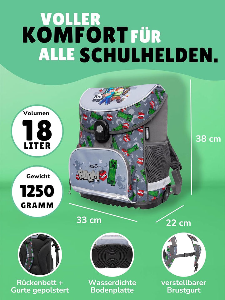 Familando - Schulranzen Set 6-teilig mit Federmappe - Minecraft - Ergonomisch, stabil & mit gepolste