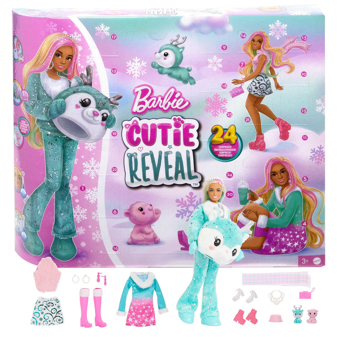 Barbie Cutie Reveal Adventskalender - 24 Überraschungen, Puppe, Glitzerrentier, Winteroutfits, Acces