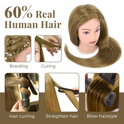 Frisierkopf mit Übungskopf ständer,71cm 60% Frisierkopf Echthaar,Puppenkopf zum Frisieren,Trainingsk