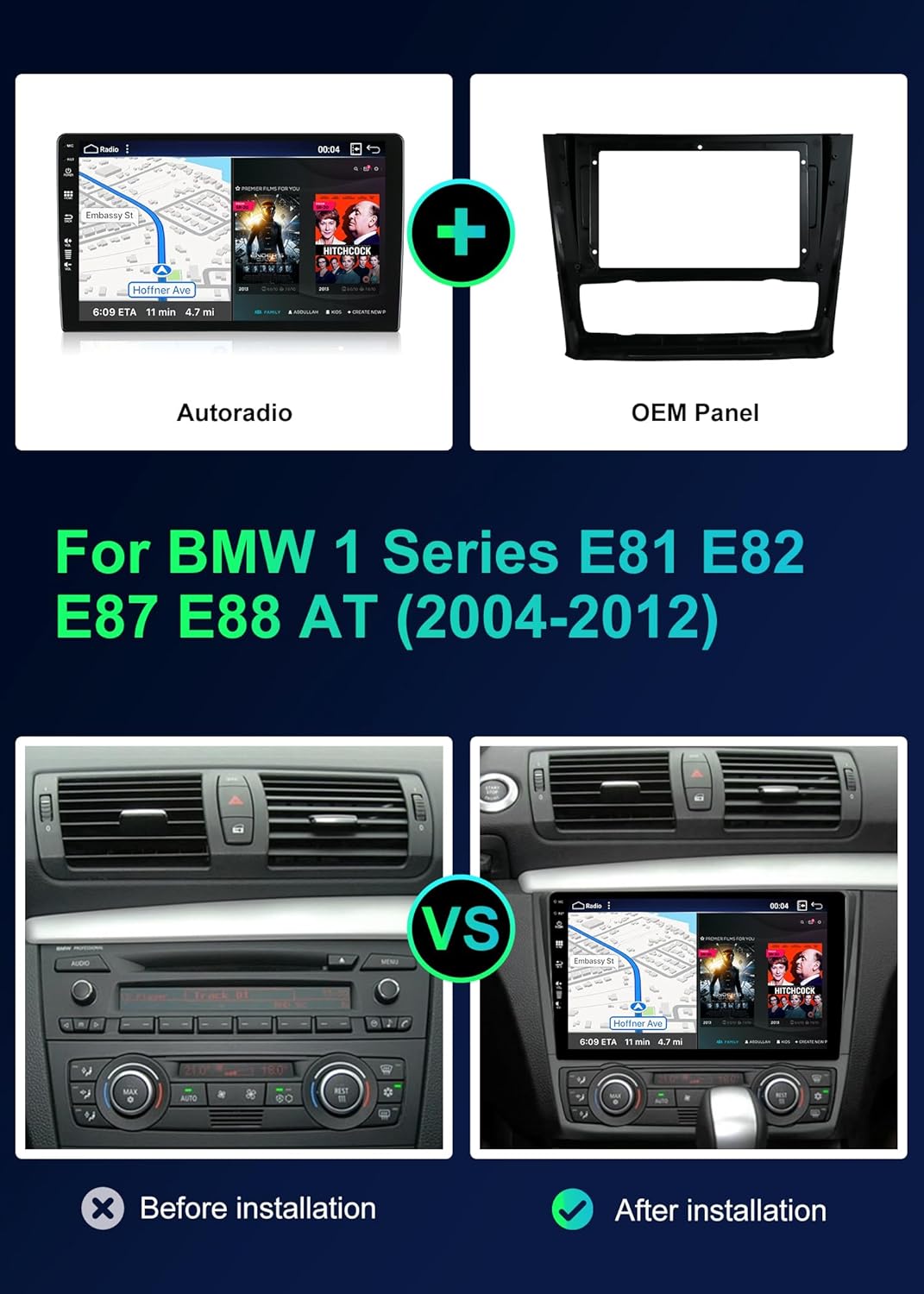 SXAUTO ¦ 8G+256G ¦ Android 12 IPS Autoradio für BMW 1 Series E81 E82 E87 E88 (2004-2012) - Eingebaut
