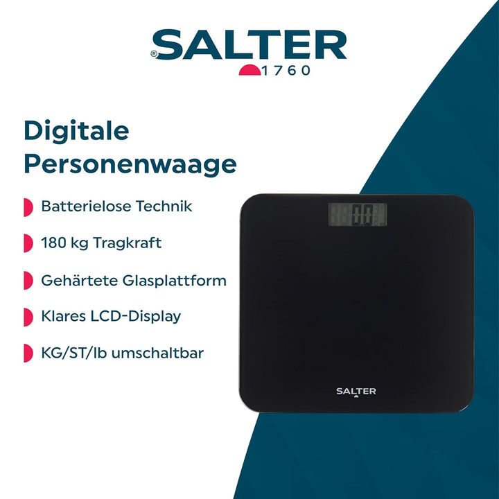 Salter Digitale Personenwaage – Batteriefreie Körperwaage, Gehärtete Glasplattform, Einschaltbar dur