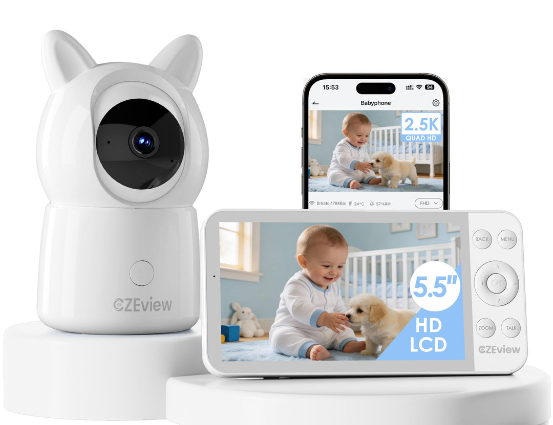 5.5" Babyphone mit Kamera und APP, 2K HD, Nachtlicht Ohren, Nachtsicht, WLAN Video Babyfon, Musik, B