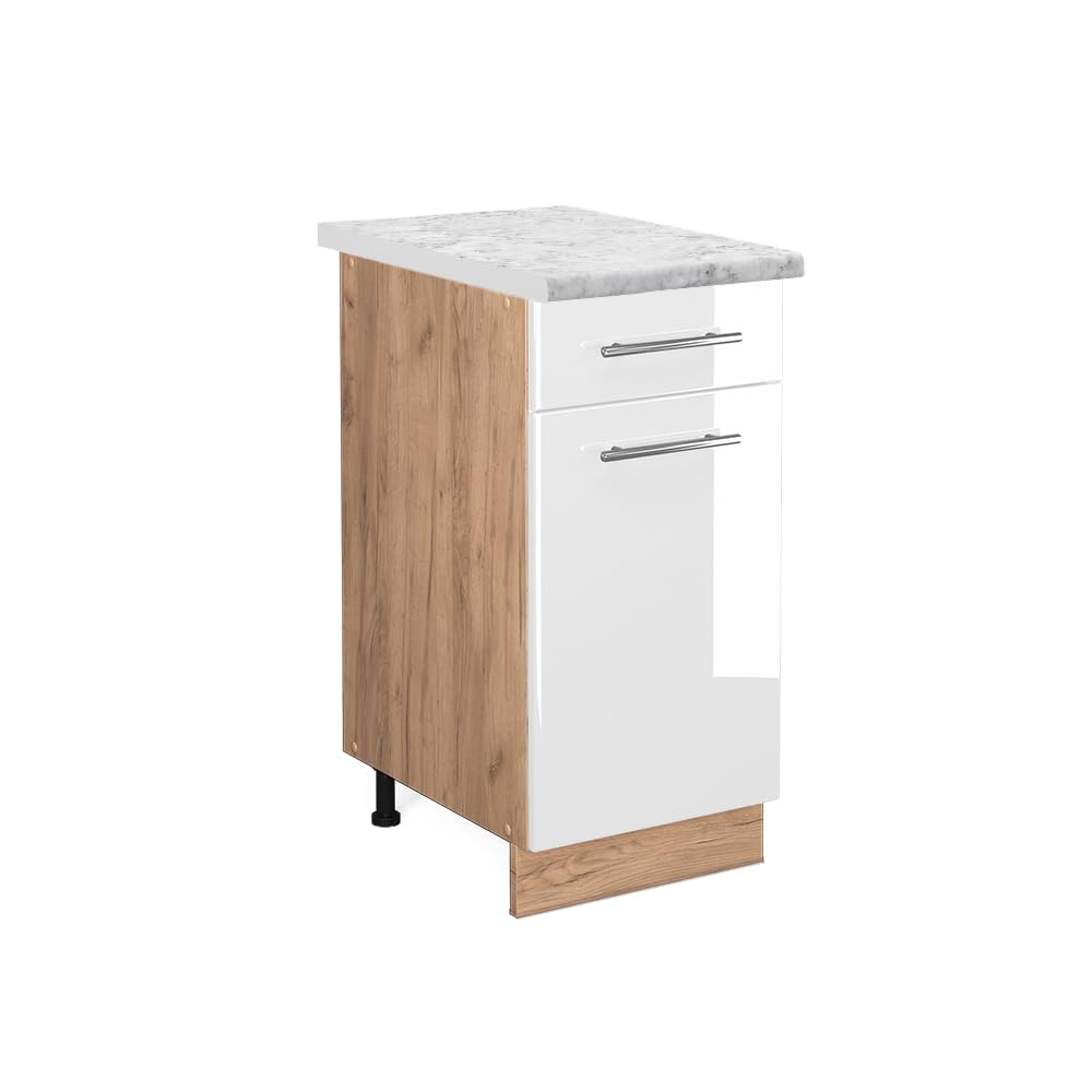 Vicco Küchenunterschrank Fame-Line, Weiss Hochglanz/Goldkraft Eiche, 40 cm, AP Marmor, Weiß Hoc