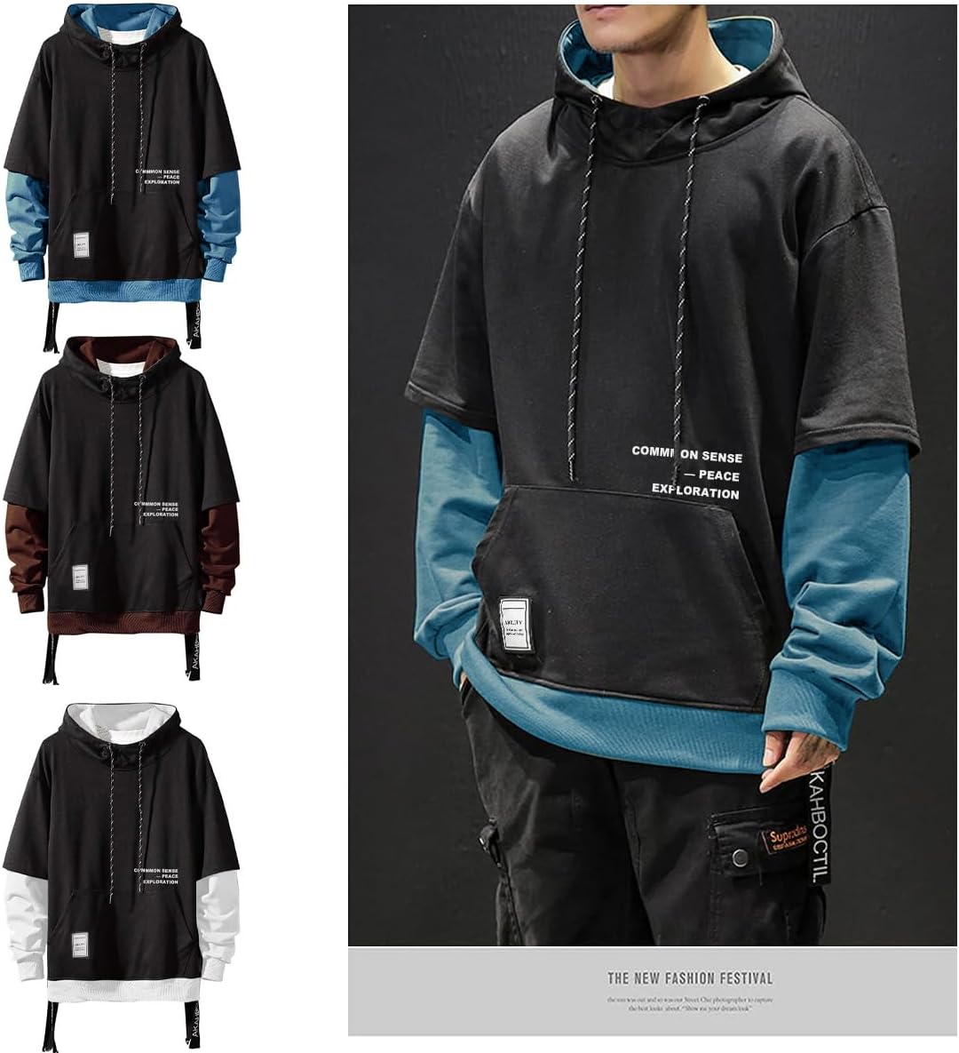 Moshtashio Kapuzenpullover für Herren, Patchwork Hoodie mit Kontrastfarbe Langarm Basic Sweatshirt P