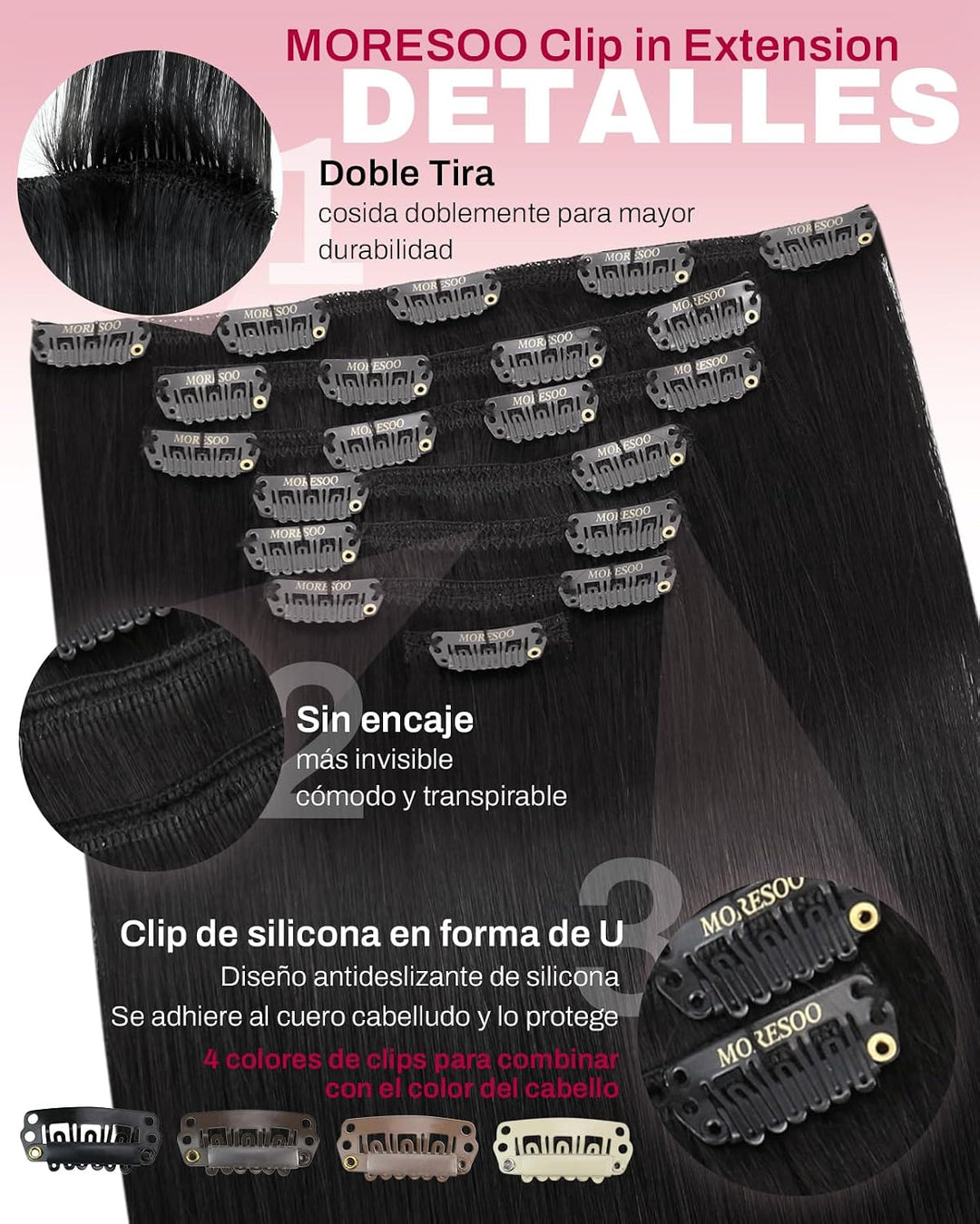 Moresoo Clip in Extensions Echthaar Schwarz Haarverlängerung Echthaar Clip Natürlich Echthaar Extens