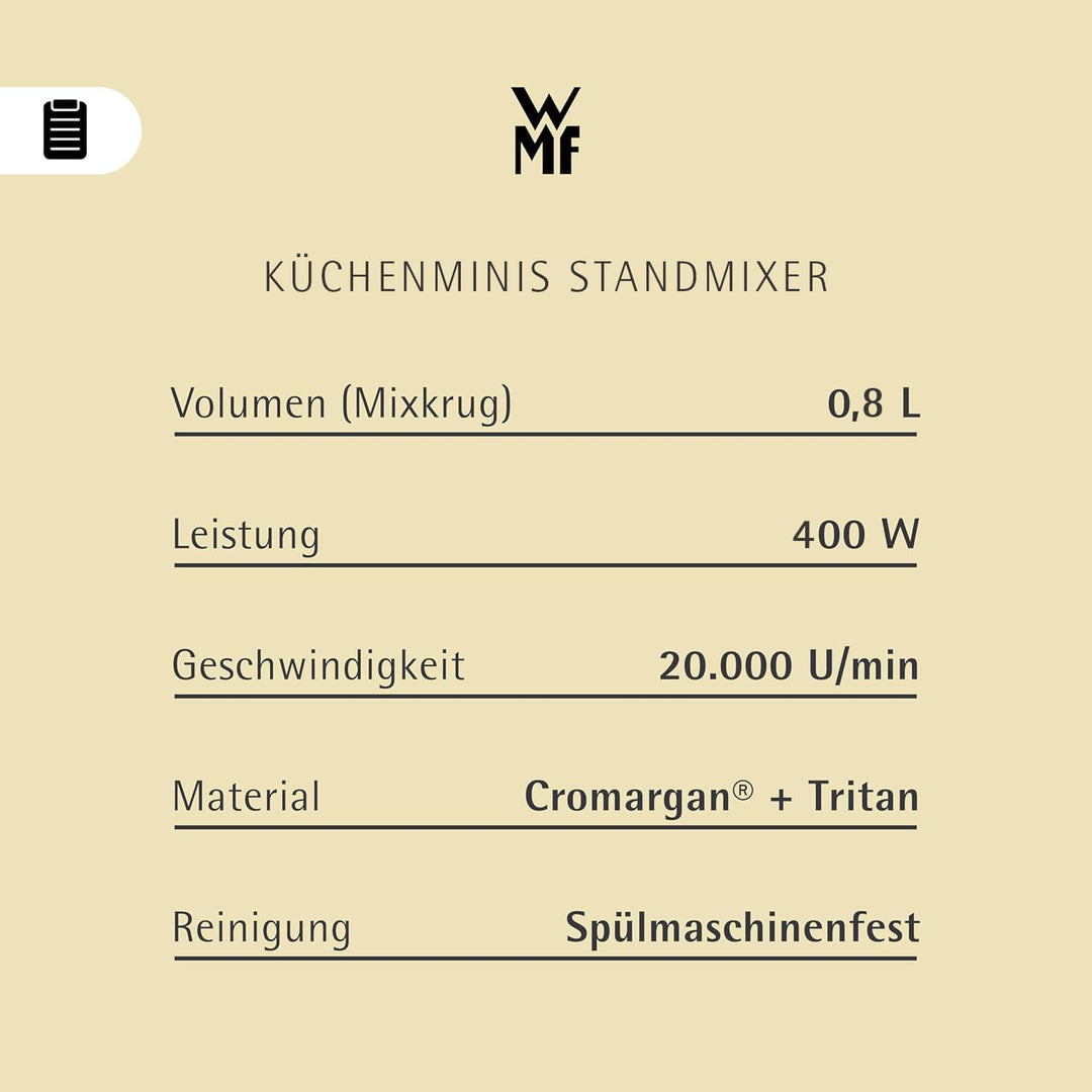 WMF Küchenminis Kompaktmixer, Mini Standmixer, 400 Watt, Standmixer klein, Glasbehälter 0,8 l, Pulss