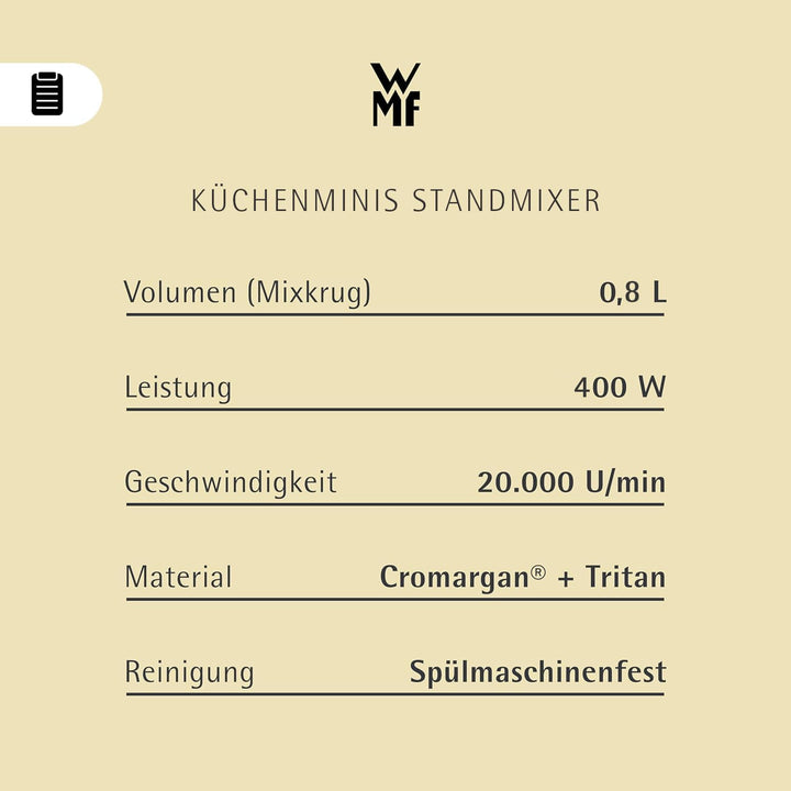 WMF Küchenminis Kompaktmixer, Mini Standmixer, 400 Watt, Standmixer klein, Glasbehälter 0,8 l, Pulss
