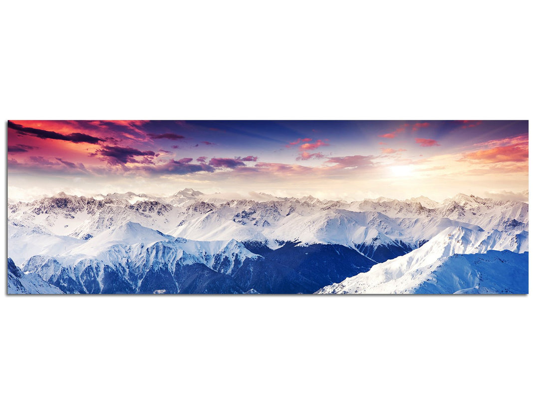 Paul Sinus Art Panoramabild auf Leinwand und Keilrahmen 120x40cm Berge Gebirge Schnee Nebel Abendrot