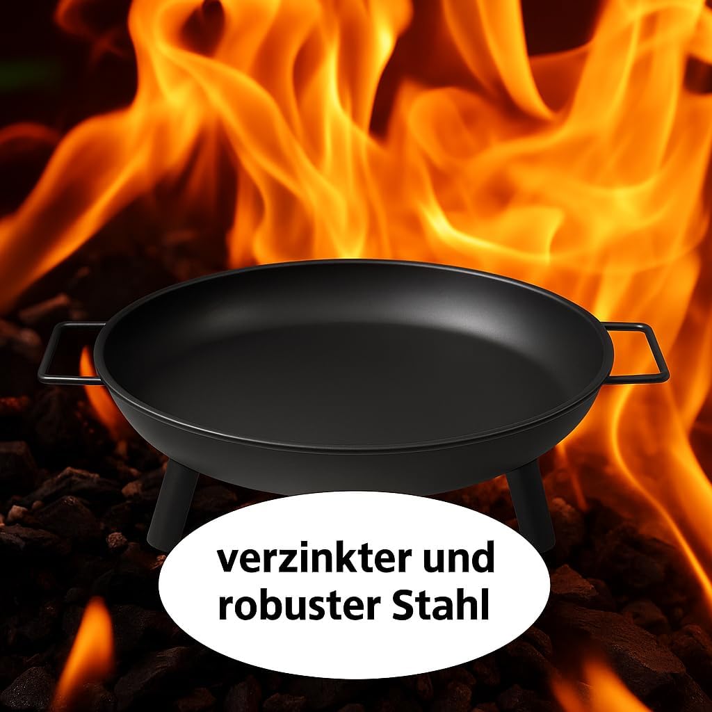 Mirpol Feuerschale Ø 43,5 cm, Rund, Schwarz Stahl, mit Griffen & 3 Standfüssen – Garten- & Terrassen