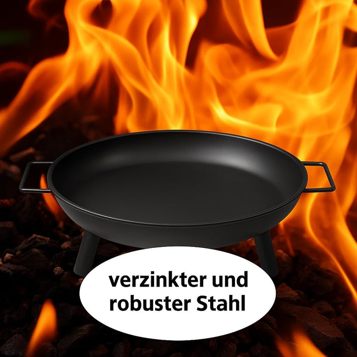Mirpol Feuerschale Ø 43,5 cm, Rund, Schwarz Stahl, mit Griffen & 3 Standfüssen – Garten- & Terrassen