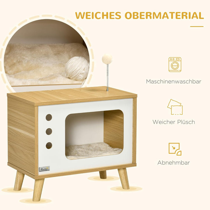 PawHut Katzenhaus, Katzenkiste TV-förmige mit Spielball, Kratzmatte Indoor Katzenhütte Katzenschrank