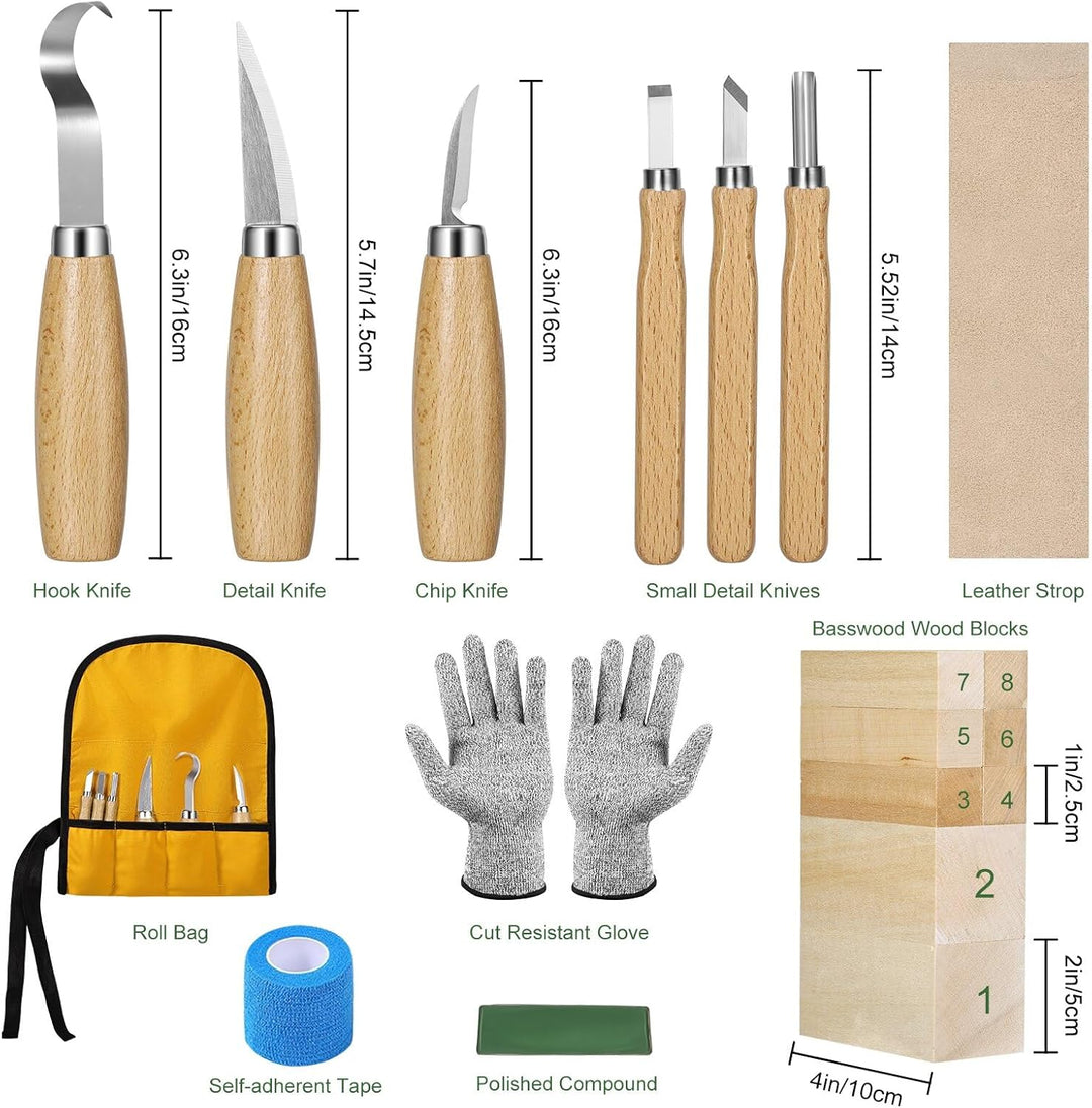 Holzschnitzwerkzeuge Set für Kinder & Anfänger – 19-in-1 Holzschnitzset mit 8 Lindenholz-Blöcken, 6