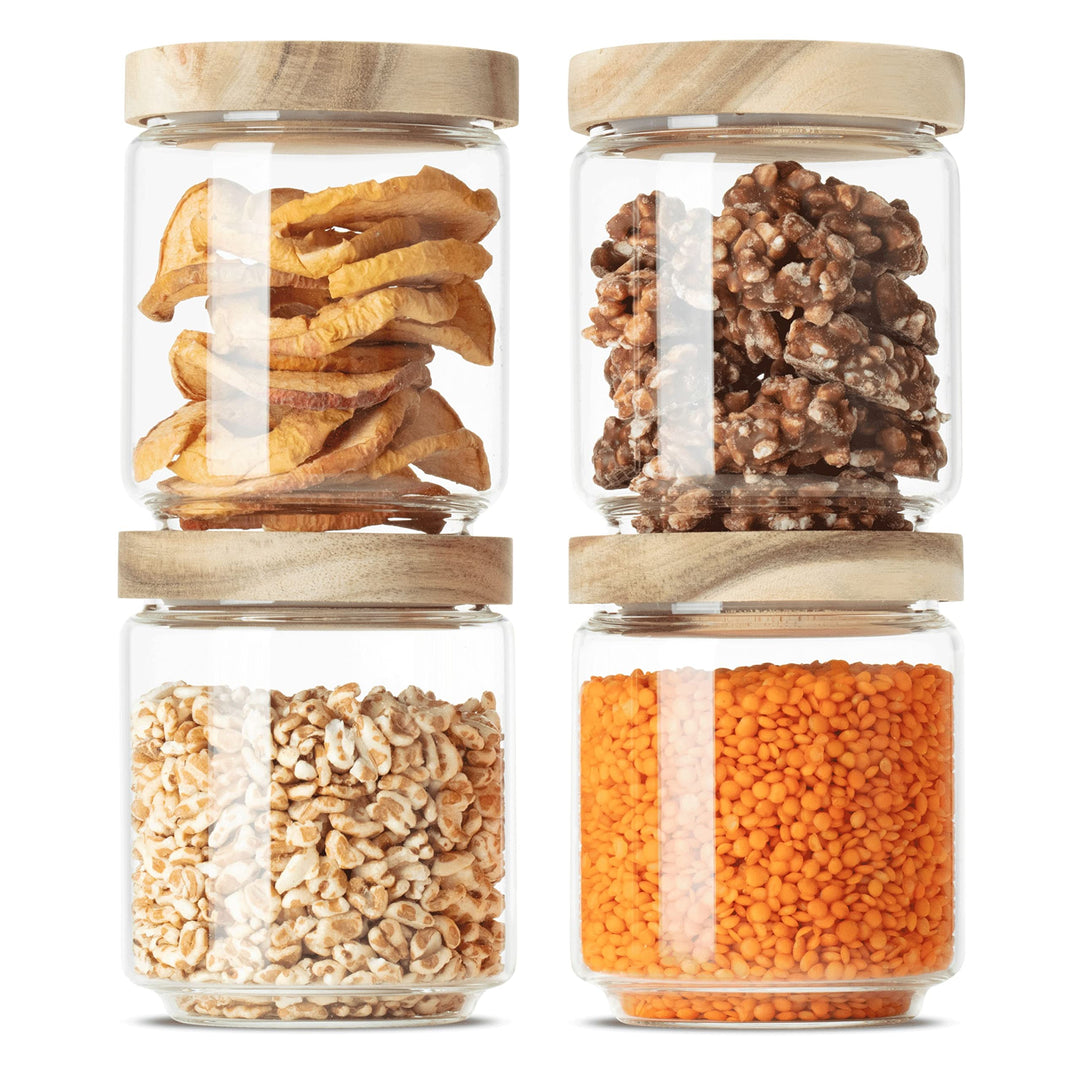 Econovo® Vorratsgläser mit Holzdeckel 500ml (4-teilig) aus Borosilikatglas, stapelbar und luftdicht,