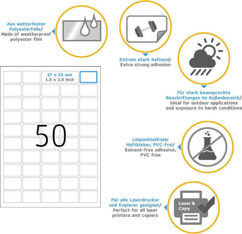 HERMA 8338 Wetterfeste Folienetiketten, 25 Blatt, 37 x 25 mm, 50 Stück pro A4 Bogen, 1250 Aufkleber,