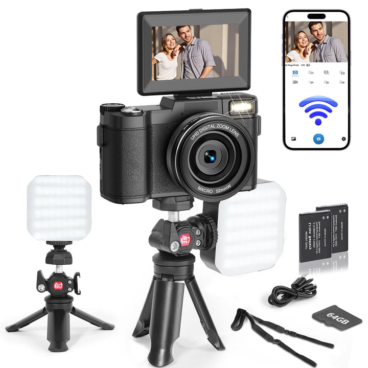 5K Digitalkamera mit WLAN für Fotografie, 64MP Vlogging-Kamera mit Flip-Bildschirm für YouTube, inkl