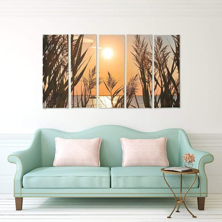 Feeby Frames, Leinwandbild Bilder Wand Bild - 5 Teile - Wandbilder Kunstdruck (SONNENUNTERGANG, GOLD