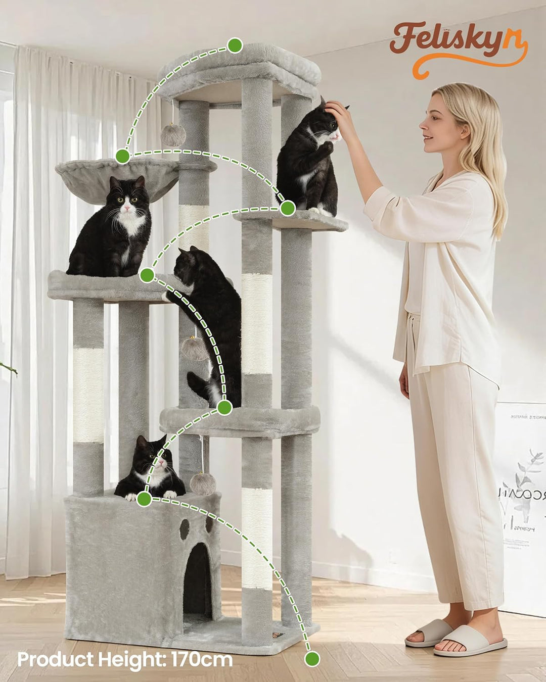 Kratzbaum Gross, Kratzbaum Grosse Katzen Stabil 170 cm hoch - Katzenbaum XL, Mehrstöckiger Katzenbau