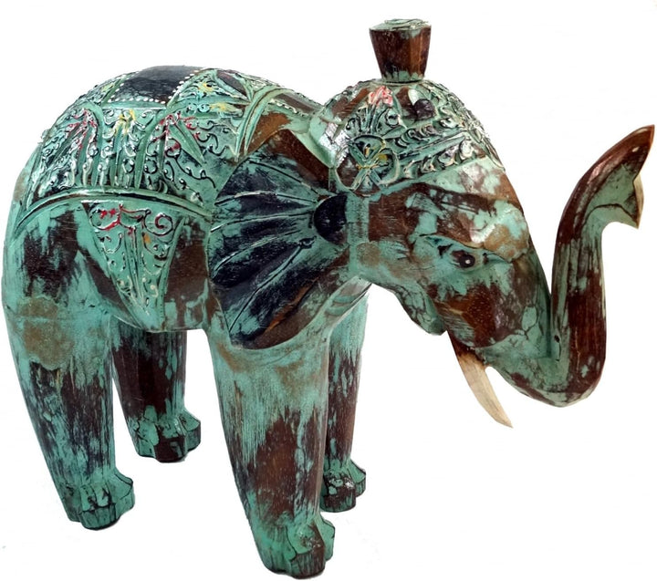 GURU SHOP Geschnitzter Elefant - Grün, Holz, Grösse: Klein (16x18x7 Cm), Tierfiguren klein (16*18*7