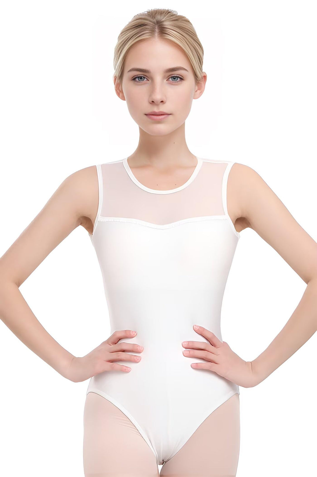 Nackennetz Rückenfrei Gymnastik Trikots Ballett Tanz Trikots für Damen,mit BH Pad Weiss Mesh 160/84A